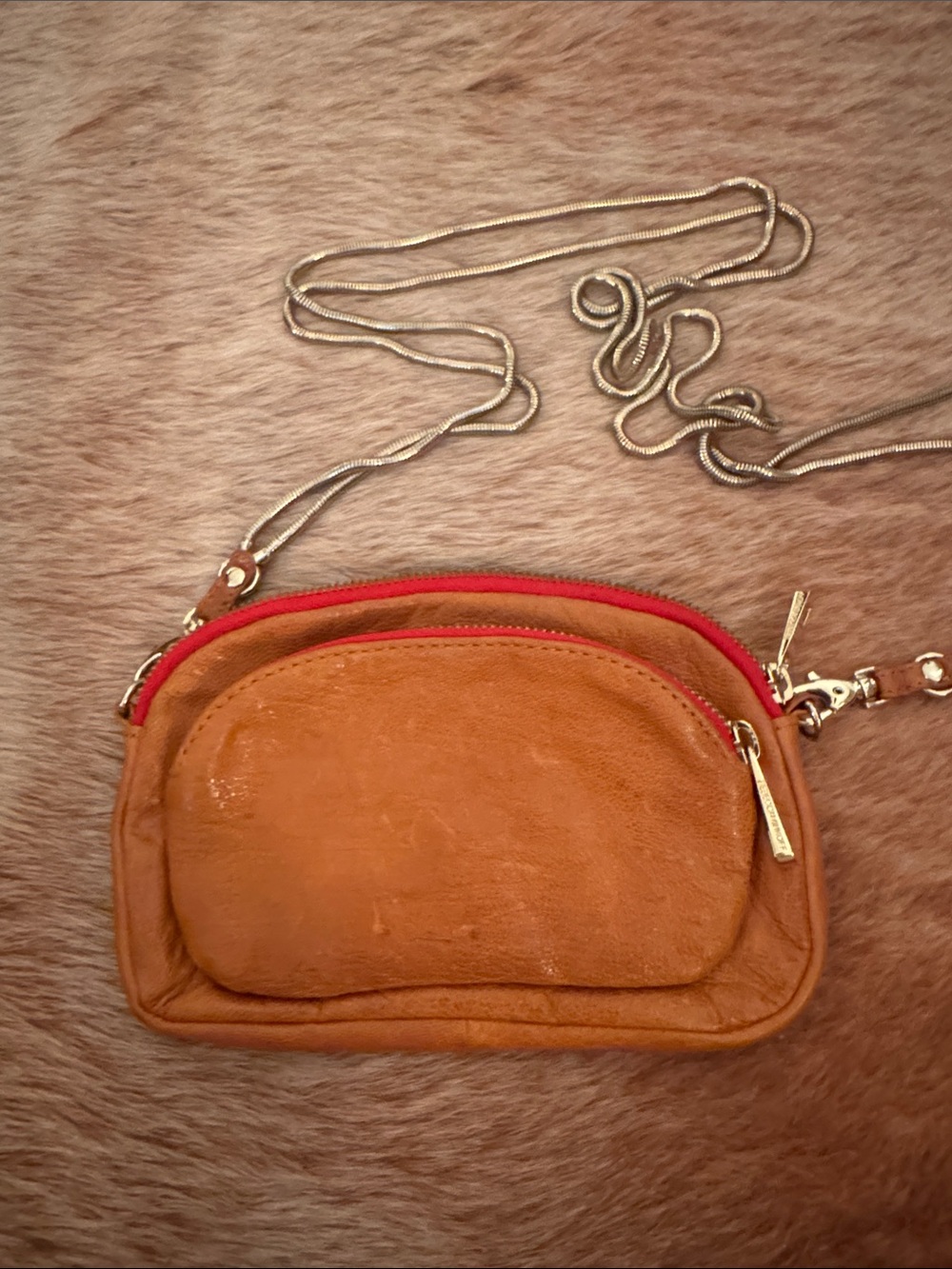 Rebecca Minkoff Tan Crossbody with Red Zipper and Gold Chain